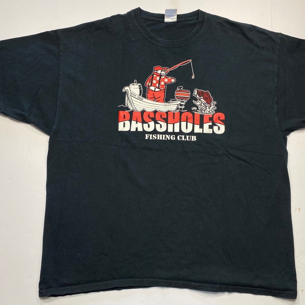 Mens 2008 Bassholes Bass Fishing Club Shirt Size 2XL Black Fishing Boat Shirt‎